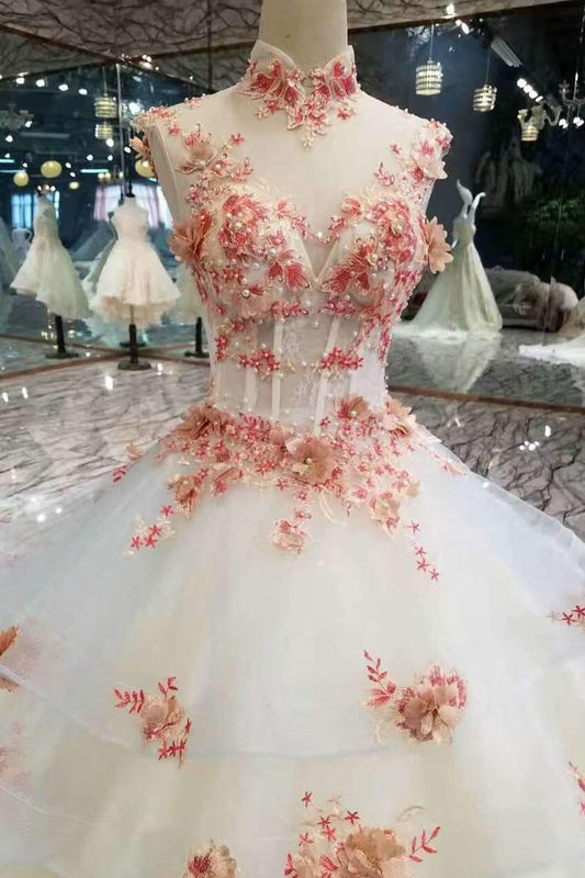 New Arrival High Neck Wedding Dresses With Appliques And Pearls Lace Up
