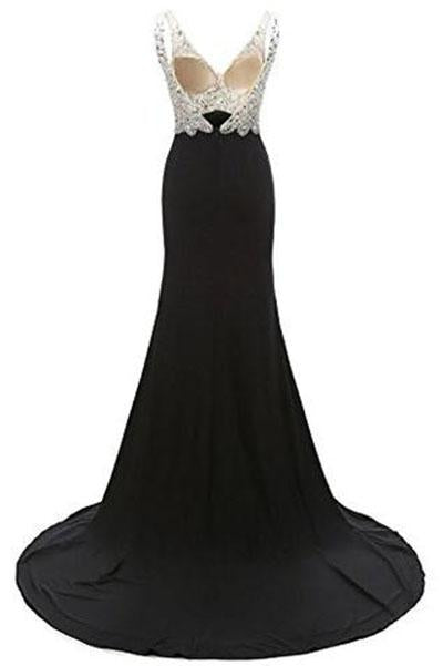 V-Neck Crystal Beaded Mermaid Black Long Prom Dress Slit Side WK229