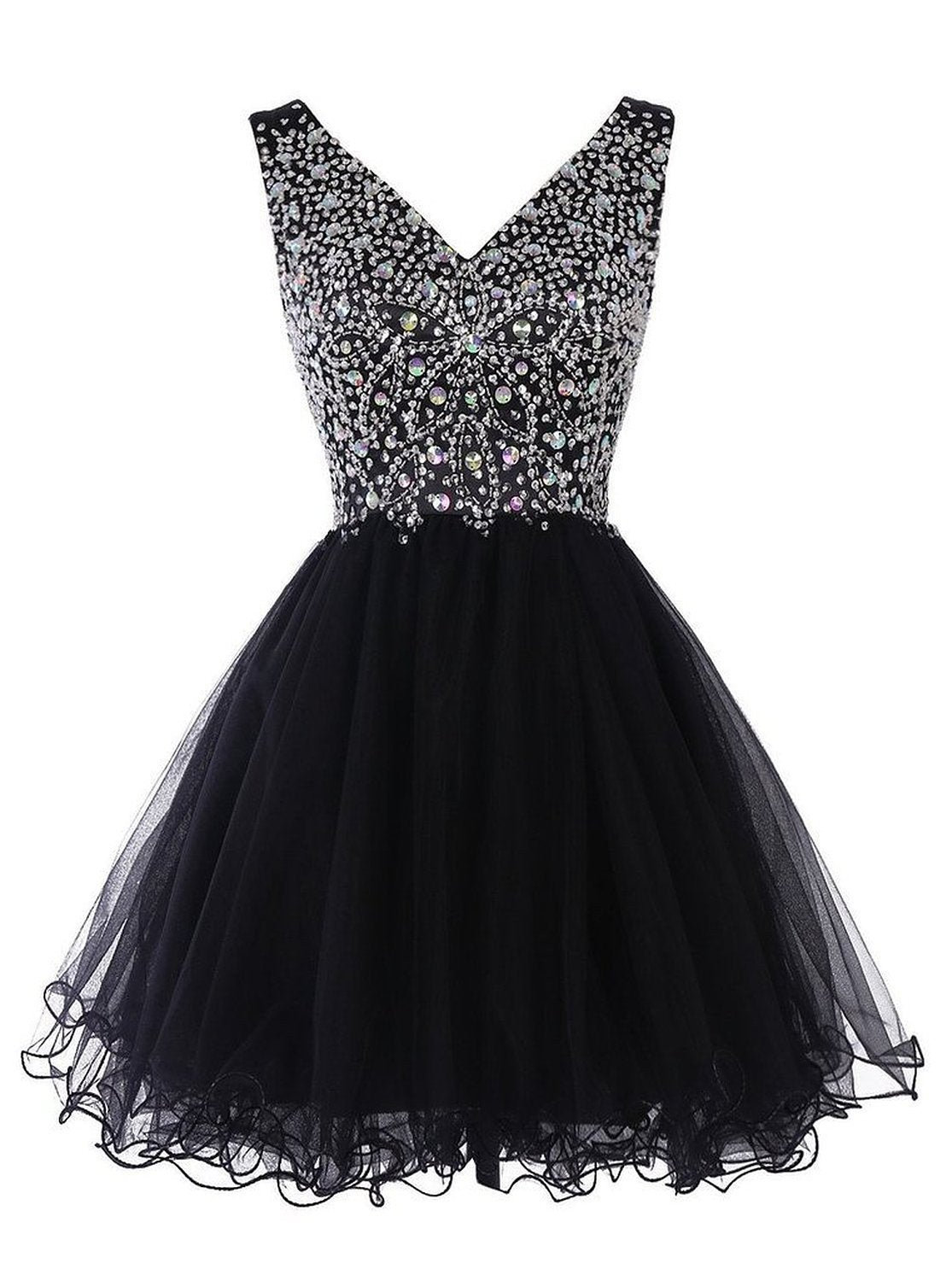 Sparkly Classy Short Sleeveless Cute V-Neck Beaded Tulle Crystals Homecoming Dresses WK772