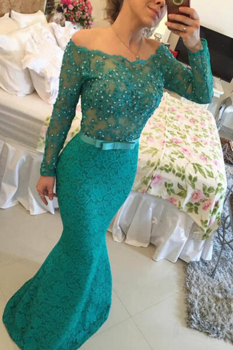 Long Sleeves Boat Neck Prom Dresses Mermaid Lace With Sash And Beads