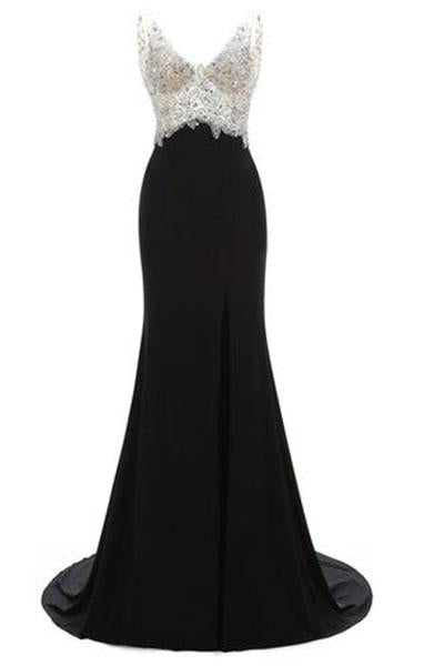 V-Neck Crystal Beaded Mermaid Black Long Prom Dress Slit Side WK229