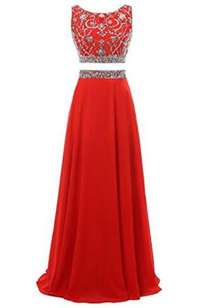 Long Prom Dress 2024 Two Pieces Maxi Chiffon Evening Gowns with Beads WK197