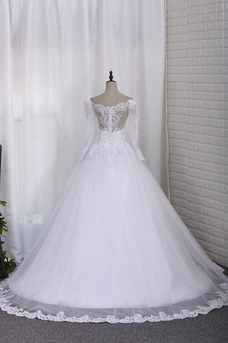New Wedding Dress A-Line Scoop Long Sleeves Tulle Court Train With Applique