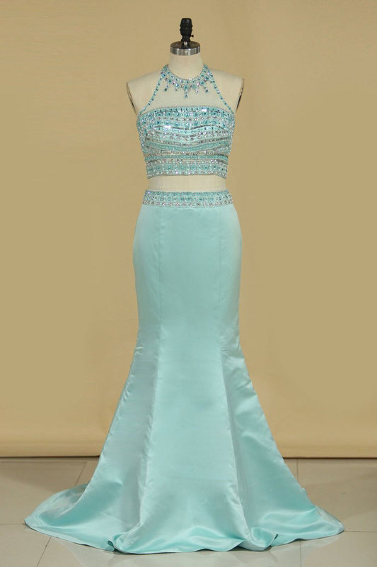 Halter Two Pieces Beaded Bodice Open Back Prom Dresses Mermaid Satin & Tulle