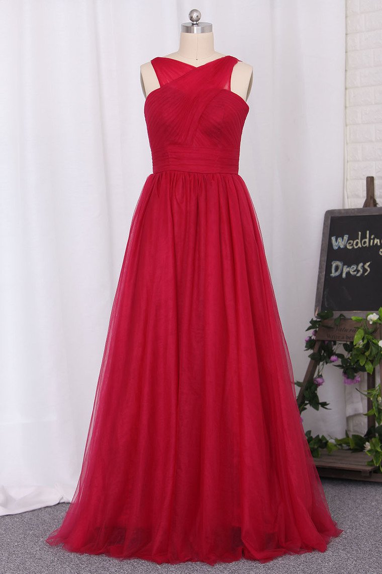 Straps Tulle Pleated Bodice Bridesmaid Dresses A-Line