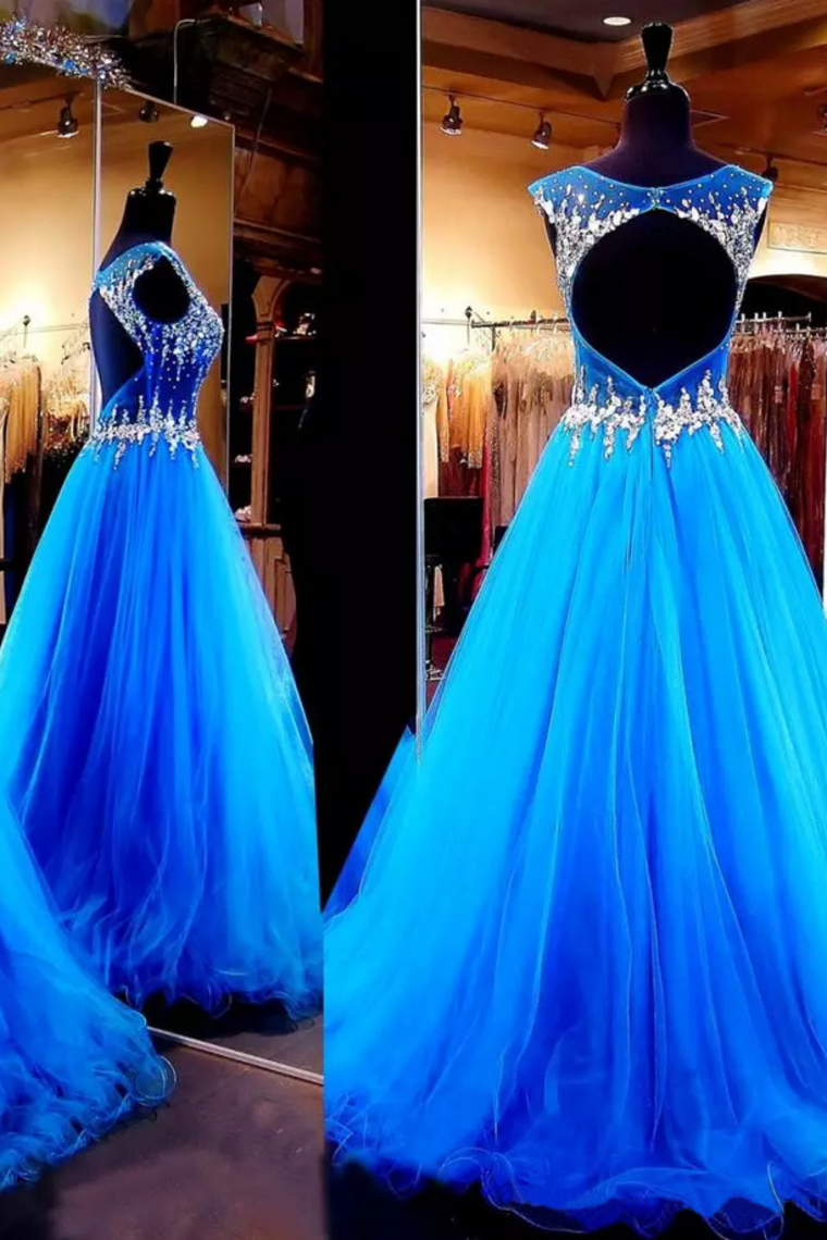 Open Back Scoop Prom Dresses Tulle With Beading Sweep Train A Line
