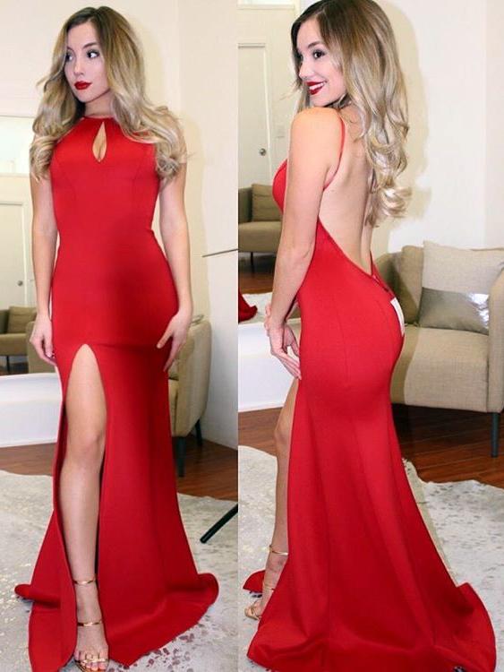 Hot Sexy Halter Mermaid Split-Front Red Prom/Evening Dress with Keyhole