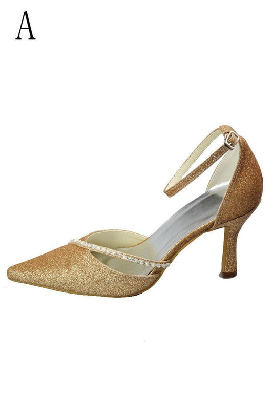 Gorgeous Sequin Shiny Pointed Toe Ankle Strap Shoes For SWK12354