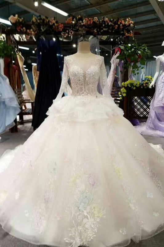 New Arrival Long Sleeves Wedding Dresses Scoop Neck Tulle Zipper Up With Flowers