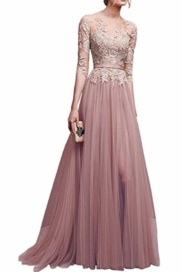 Elegant Lace Floor Length 3/4 Sleeve Tulle Waistband Evening Ball Gowns Long Dress
