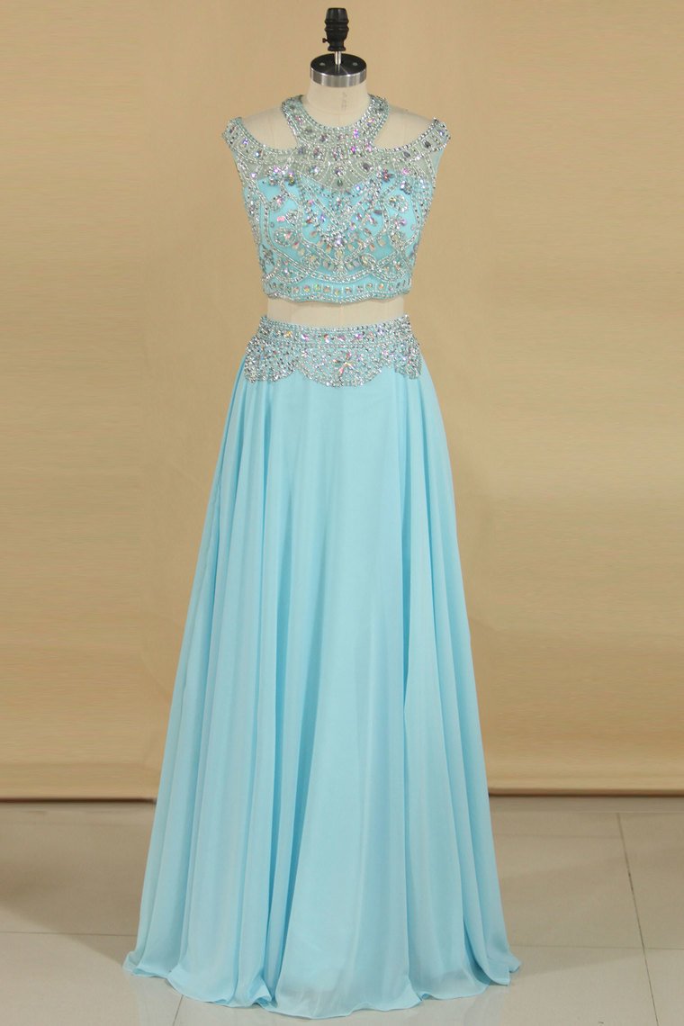 A Line Prom Dresses Two Pieces Scoop Beaded Bodice Chiffon Sweep Train Open Back