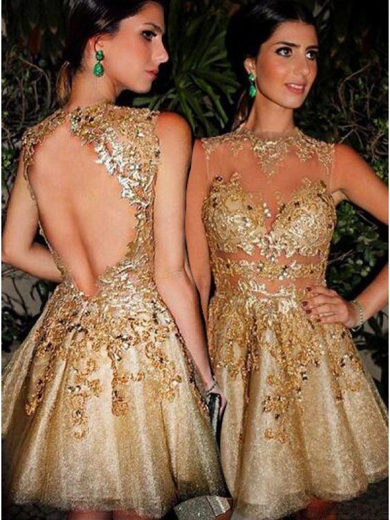 Gorgeous A-line Scoop Gold Short Homecoming Dress with Open Back WK435