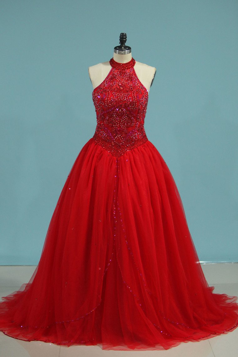 High Neck Quinceanera Dresses Ball Gown With Beading Court Train