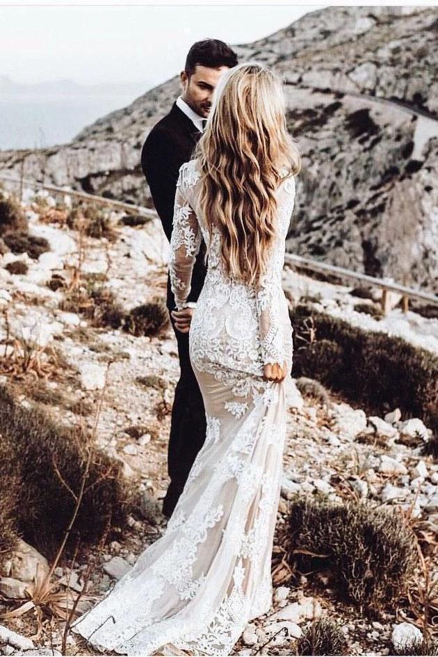 Vintage Long Sleeve Mermaid Lace Applique Wedding Dresses Beach Wedding SWK14466