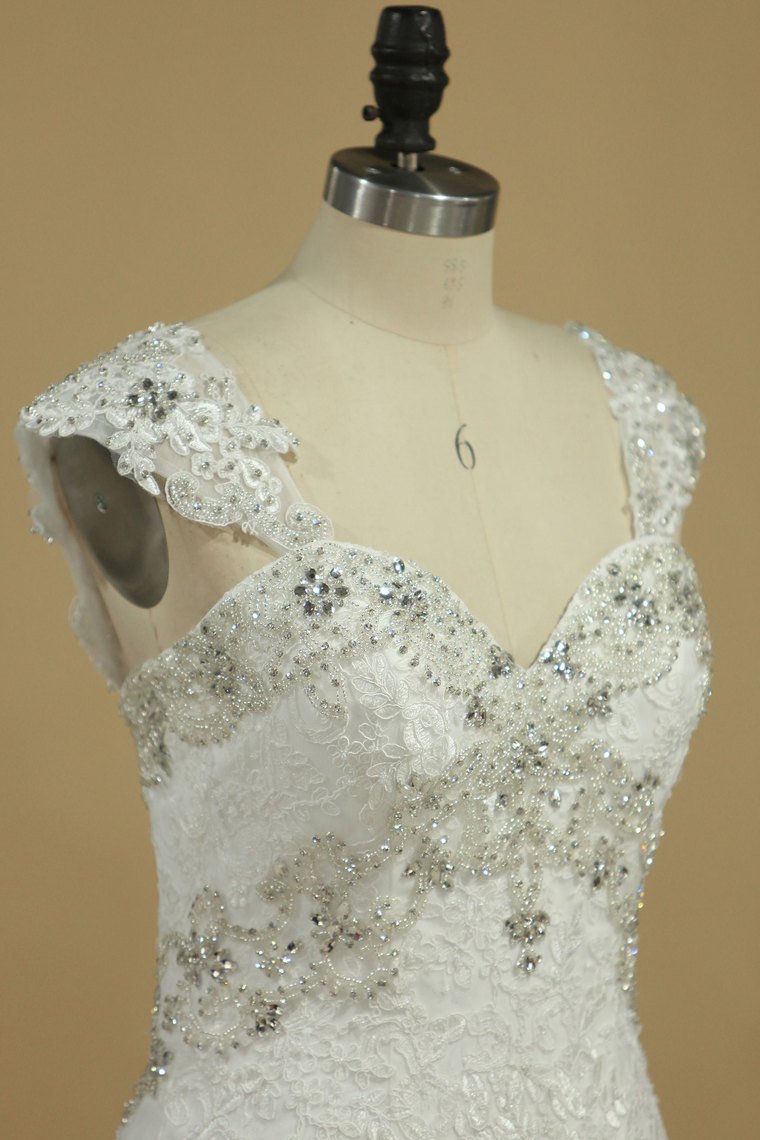 Straps A Line Wedding Dresses With Applique And Beads Tulle