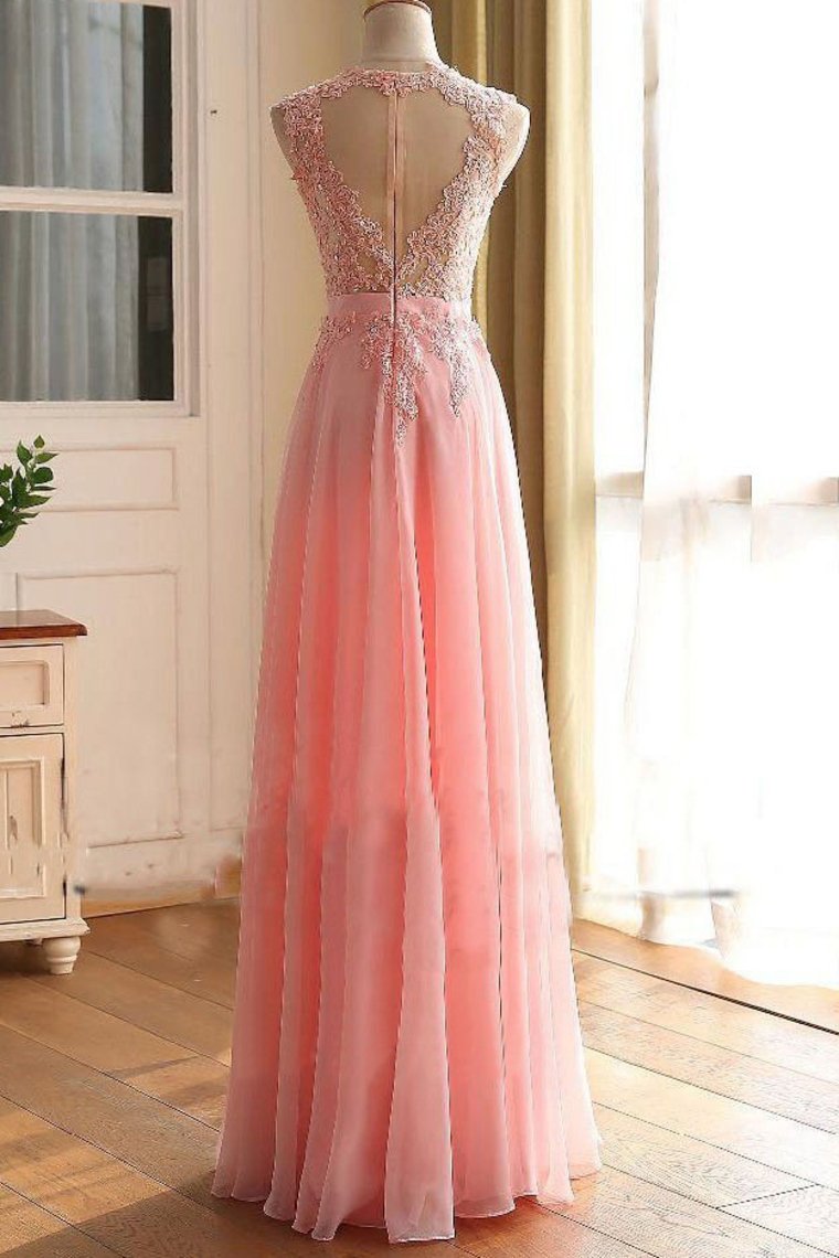 A Line Scoop With Applique Prom Dresses Chiffon Floor Length