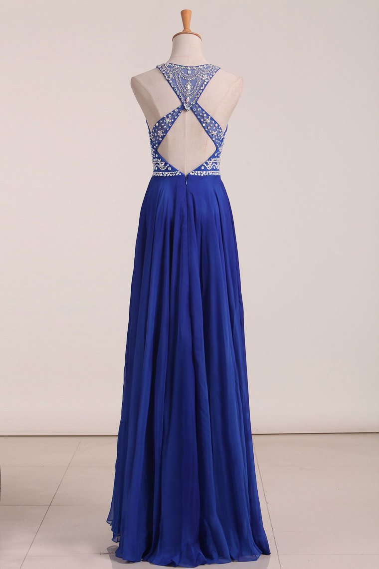 Sexy Open Back Prom Dresses Scoop With Beading A Line Chiffon