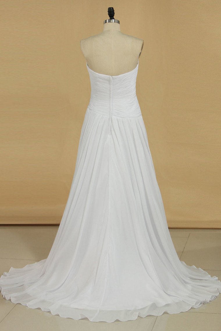 Sweetheart Pleated Bodice A Line Wedding Dress With Flowing Chiffon Skirt Beaded