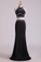 Halter Two-Piece Beaded Bodice Sheath Open Back Prom Dresses Spandex & Tulle Floor Length