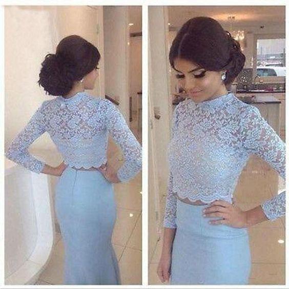 Baby Blue Lace Two Pieces Mermaid Long Sleeve Sexy Prom Dress Dresses for Prom uk PD190446