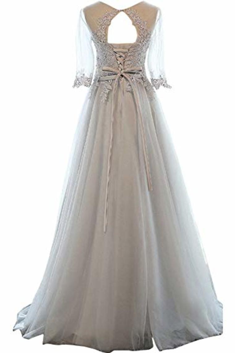 A-Line Mid-Length Sleeves Round Neck Lace Tulle Ball Gown Beading Evening Long Dress