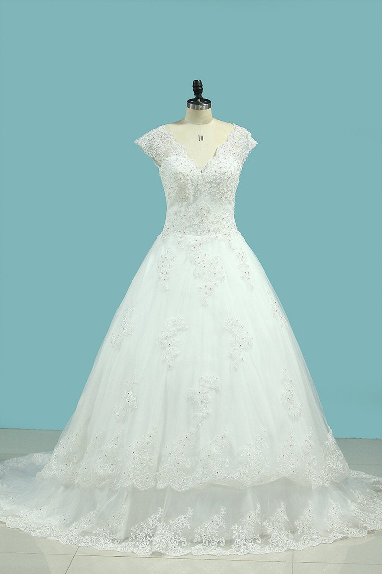 A Line V Neck Wedding Dresses Tulle With Applique And Beads Lace Up