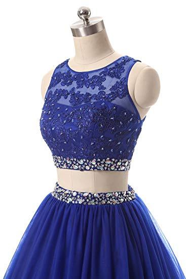 A Line Two Pieces Lace Sequins Beads Open Back Appliques Sleeveless Prom Dresses WK334