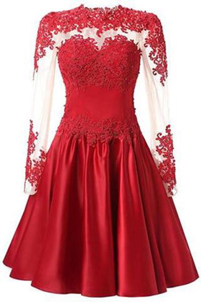 A Line Long Sleeves With Applique Knee-Length High Neck Homecoming Dresses WK326
