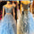 A Line Blue Lace Off the Shoulder Tulle Ruffled Beaded Two Piece Prom Dresses WK406