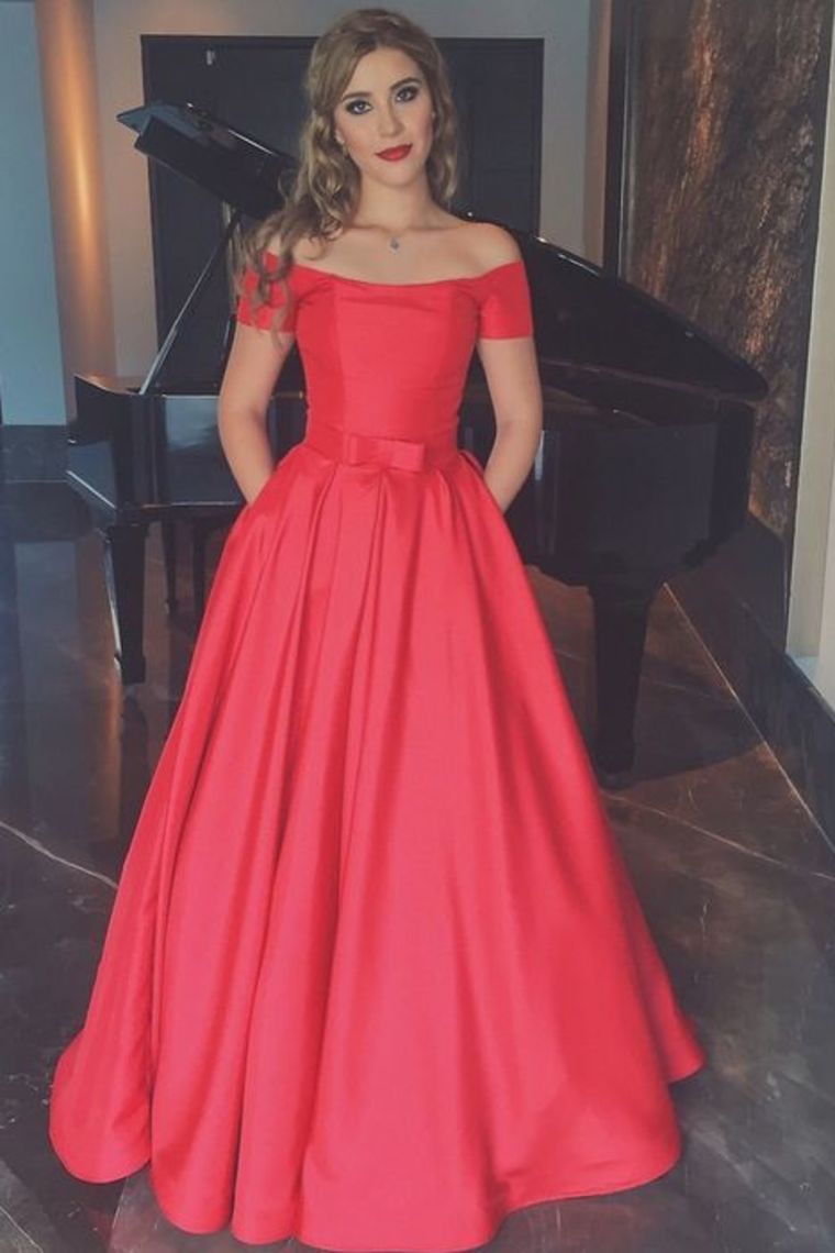 A Line Red Scoop Neck Short Sleeves Satin Prom Dresses With Pockets