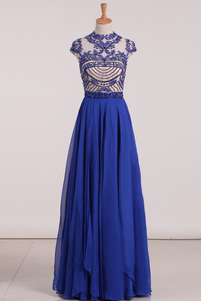 Chiffon Scoop A Line Cap Sleeves With Beading Prom Dresses