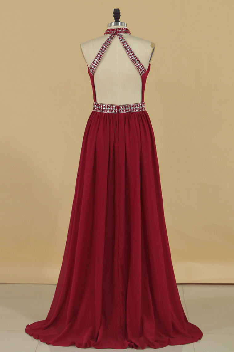2024 A Line High Neck Chiffon Prom Dresses With Beads Open Back Sweep Train