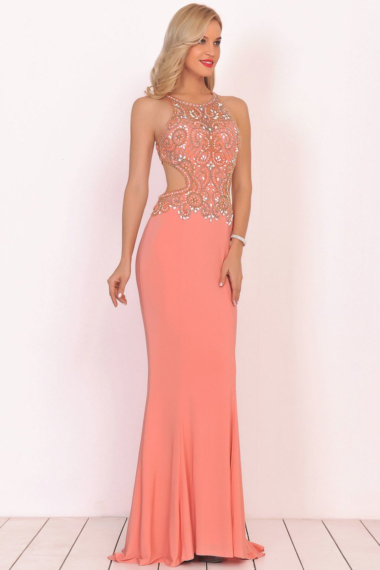 Sexy Open Back Scoop Open Back Prom Dresses With Beads Spandex