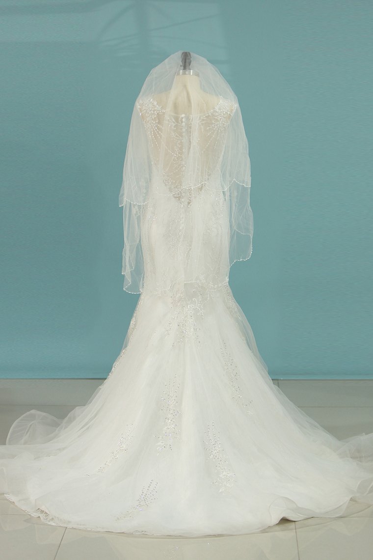 Mermaid/Trumpet Wedding Dresses V-Neck Chapel Train Tulle With Applique Sleeveless