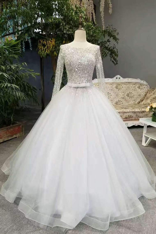 New Arrival Bling Bling Wedding Dresses A-Line Floor Length Zipper Up Long Sleeves With Beaded Bodice