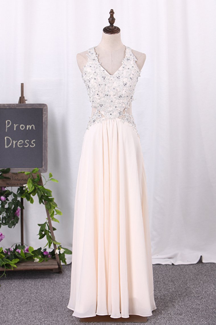 Open Back V Neck Prom Dresses A Line Chiffon With Applique