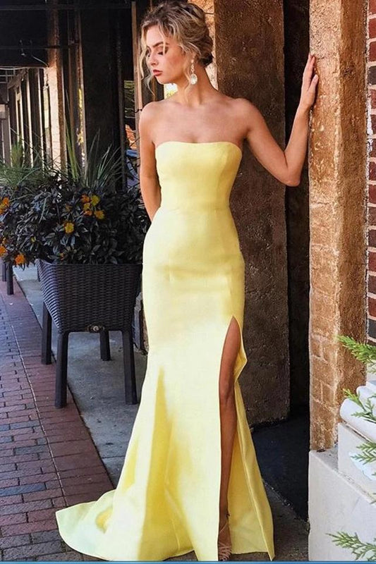 Sexy Yellow Satin Strapless Mermaid Prom Dresses, Sleeveless Evening Dresses with Split SWK15372