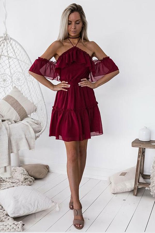 Chic Halter Backless Burgundy Chiffon Off the Shoulder Homecoming Dress with Ruffles WK678