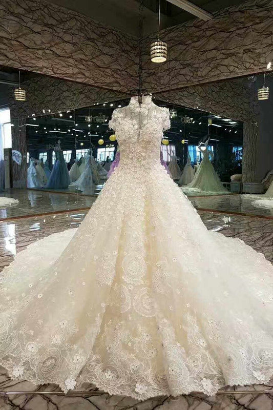 Marvelous High Neck Wedding Dresses A Line With Crystals Royal Train Tulle High Quality