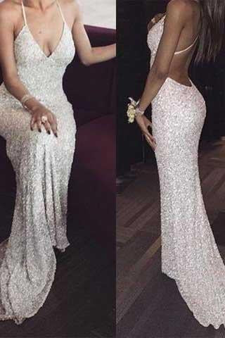 White sequin mermaid long prom dress for teens sequin evening dress WK393