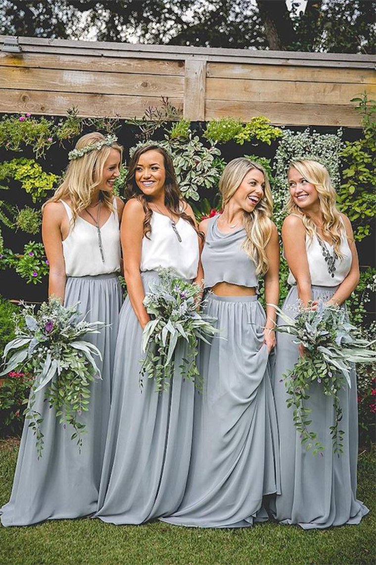 Pretty Lovely White And Gray Long A-Line 2 Pieces Simple Bridesmaid Dresses