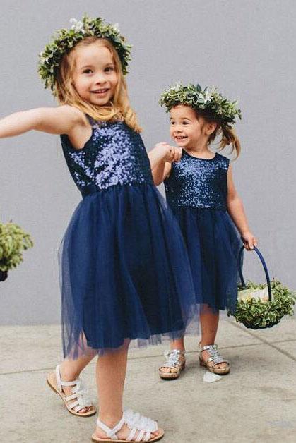 Vintage Navy Blue Sequins Flower Girls Dresses, Short Tulle Birthday Girl Dresses SWK15607