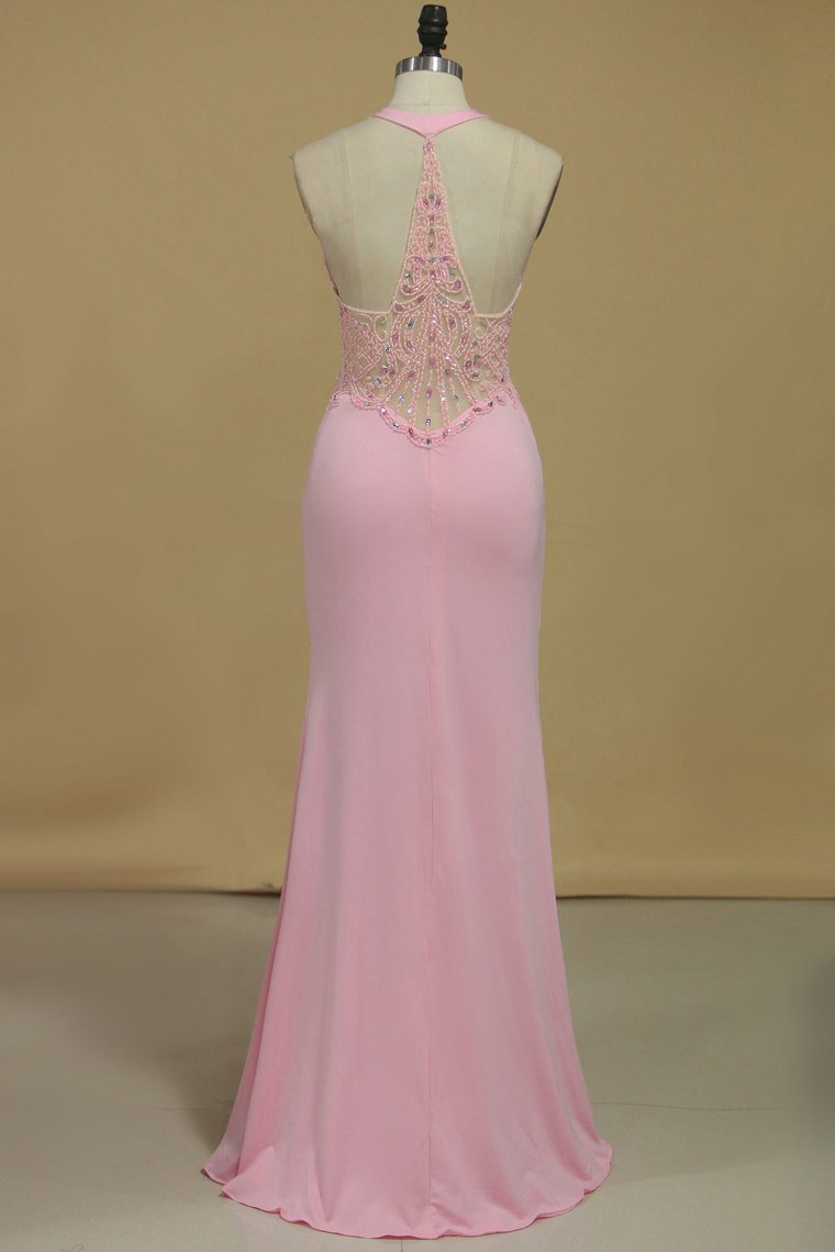 Sheath Scoop With Beading And Slit Prom Dresses Sweep Train Spandex