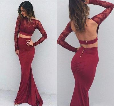 Burgundy Sexy Two Pieces Charming Backless Lace Long Sleeves Evening Dresses WK852