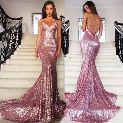 Rose Gold Sequin Mermaid Long Spaghetti Strap Sexy Backless Dresses For Prom WK133