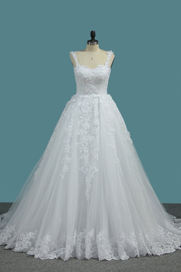 Off The Shoulder A Line Tulle Wedding Dresses With Applique Court Train