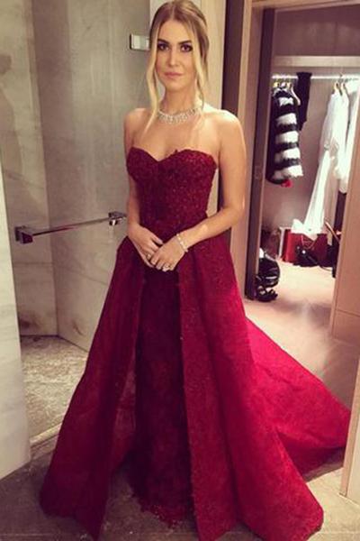 Long Sweetheart A-line Chic Burgundy Prom Dresses with Over skirt Lace Beaded 2019 WK192