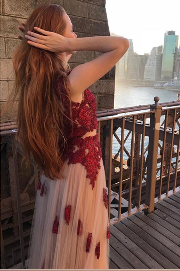 A-Line Two pieces Red Lace Tulle High Neck Cap Sleeve Applique Junior Elegant Prom Dresses WK241