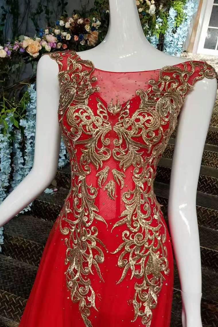 Hot Selling Sister Red Prom Dresses A-Line Lace Up Scoop Neck Gold Appliques