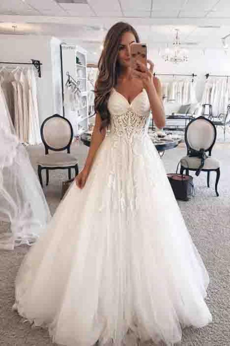 Elegant Floor Length Ivory Tulle Wedding Dresses Long Bridal Dresses